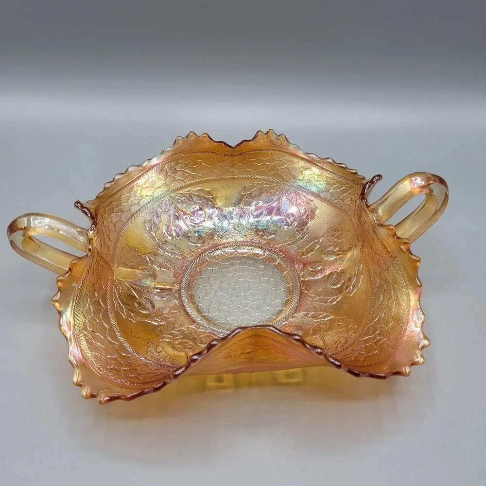 Vintage Fenton Marigold Carnival Iridescent Glass Handled Candy Dish Cherries